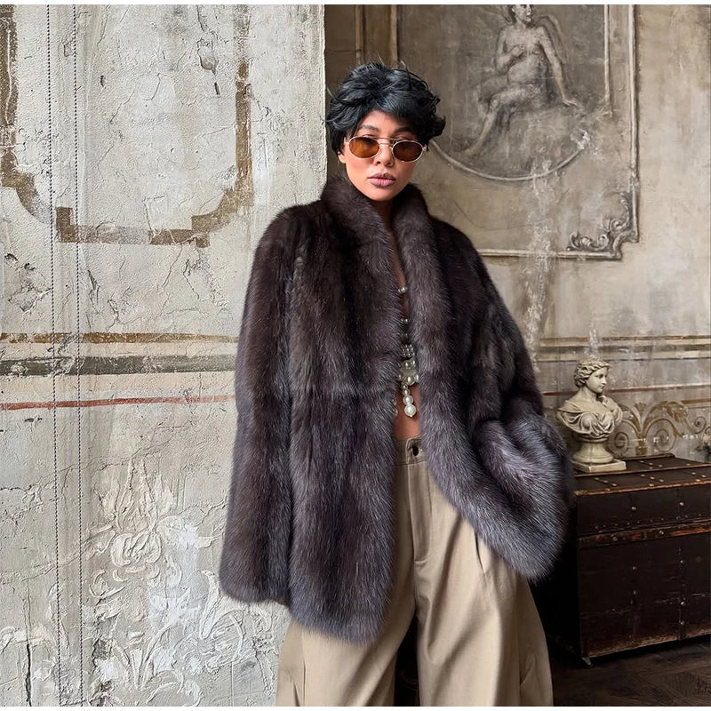 Fashion Medium-length Fur Coat Women Elegant Solid Lapel Hidden Button Loose Coats Lady 2025 Winter New Commute Office Outerwear