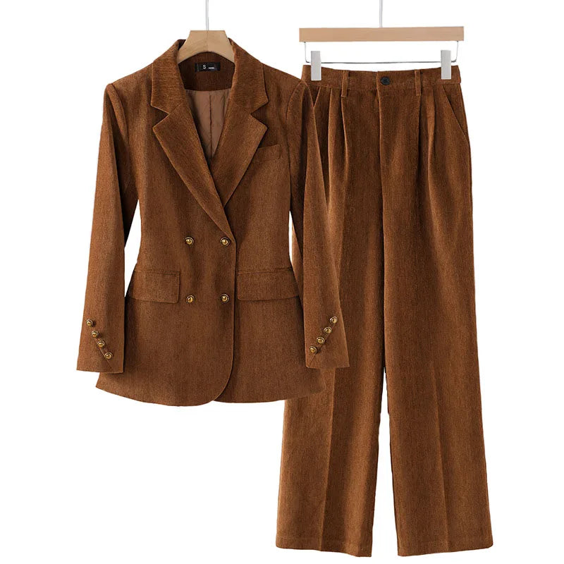 Winter Women Fashion Elegant Corduroy Pantsuit Vintage Chic Blazer Jackets and Pants Two Pieces Set Female Clothes Outfits