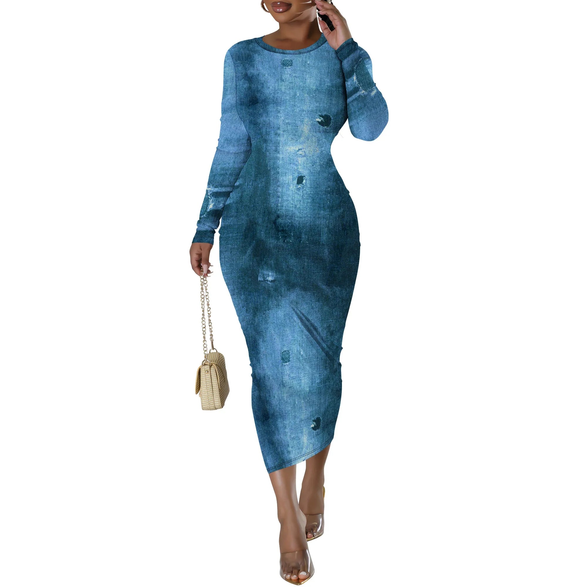 European and American women's fashion temperament casual print slim black dress