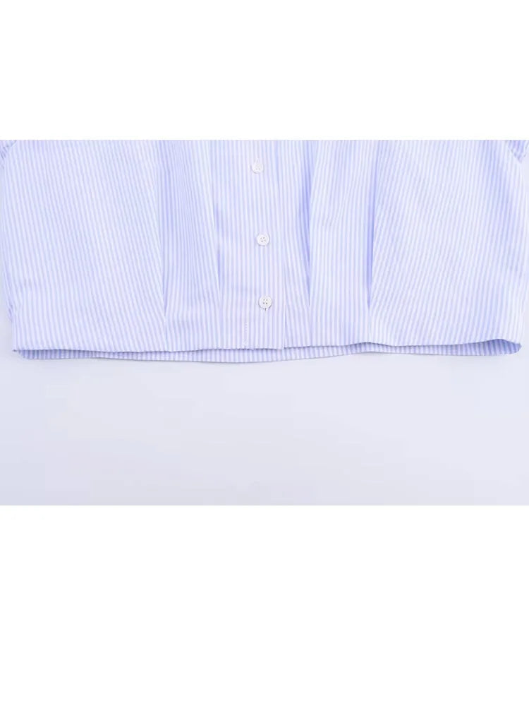 HH Women's 2025 Fashion Versatile Waist Pleated Blue Striped Shirt Female Elegant Lapel Single-Breasted Long-Sleeved Shirt