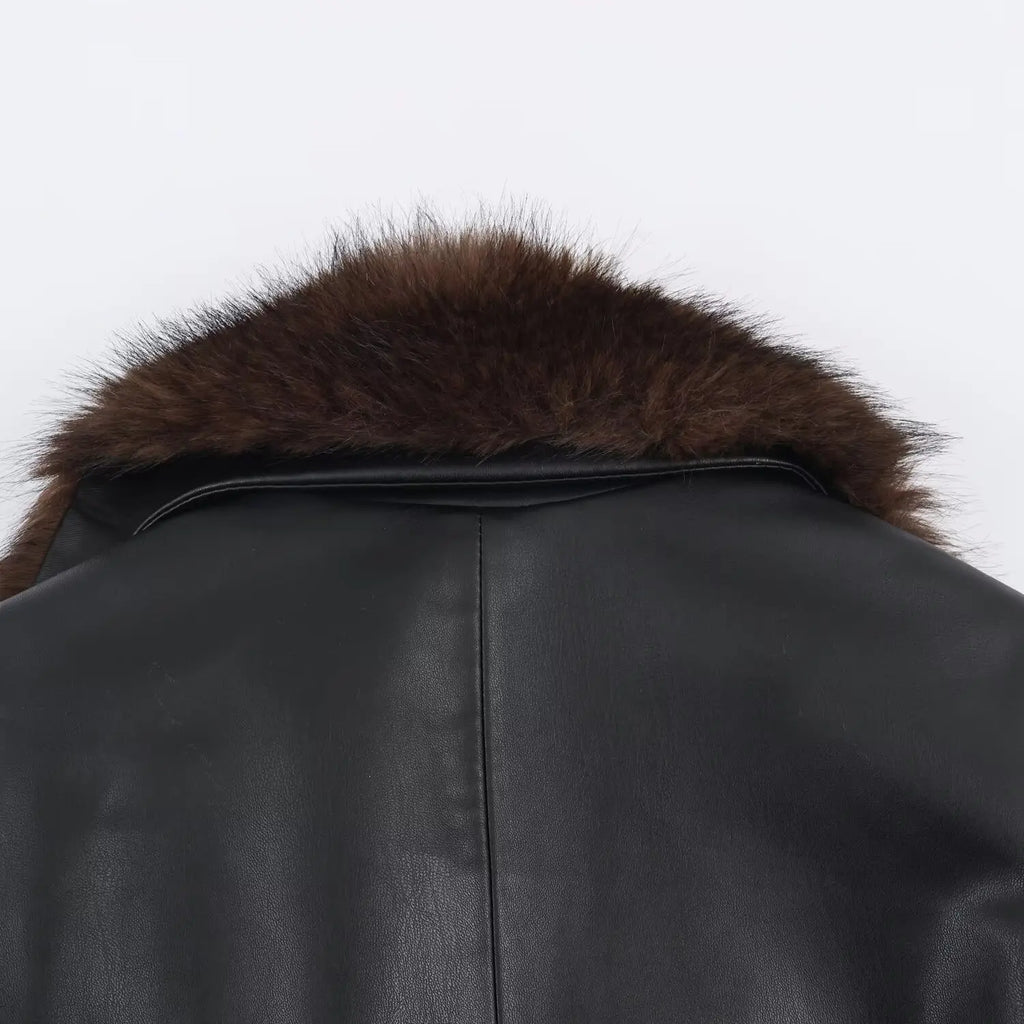 HH Women's Winter Fashion Long Sleeves Coats Black Fur Turn-Down Collar Lace-Up Decoration Single Breasted Female Warm Jackets