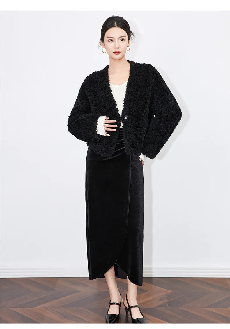 100% Wool Short Jackets for Women 2024 Autumn Winter V Neck Lamb Wool Coat Womens Clothing Fashion Outerwears Casaco Feminino