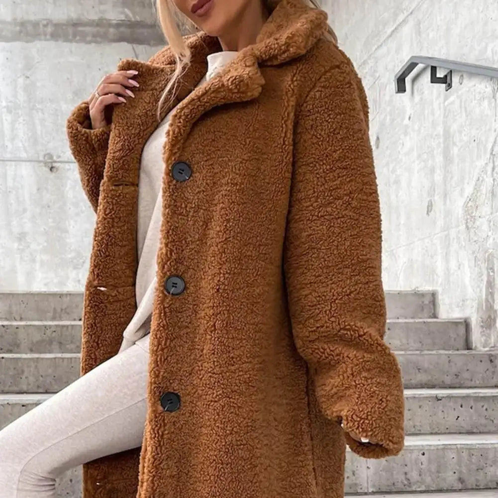 Trendy Women Overcoat Autumn Winter Women Trench Coat Long Style Pure Color Single-breasted Teddy Jacket  Windproof