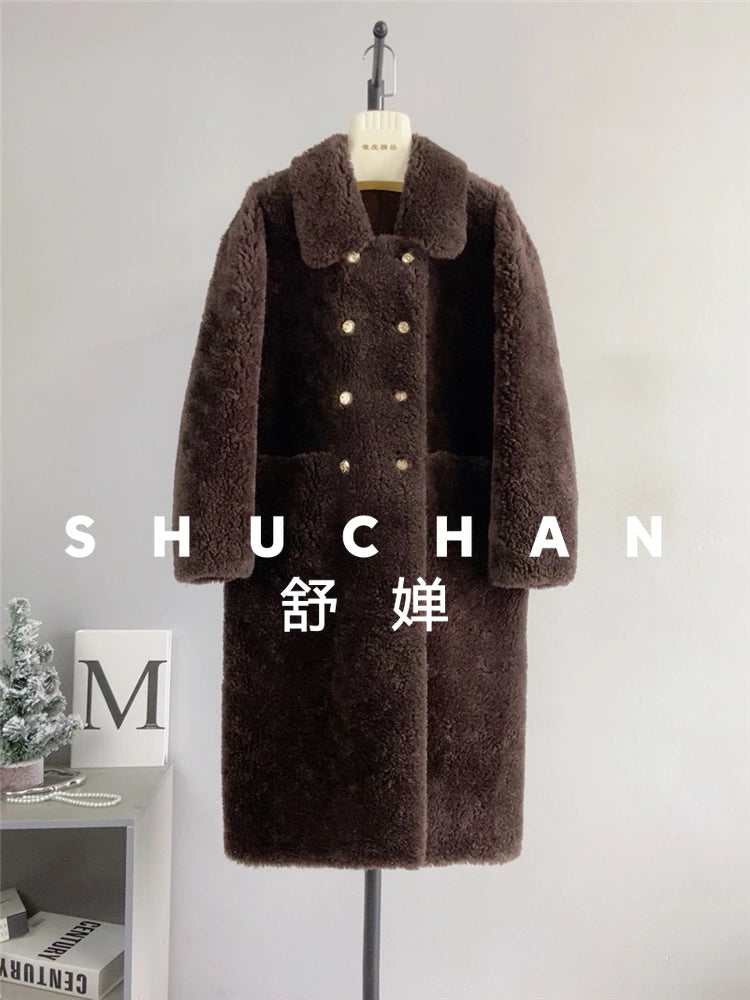 100% Wool Coat Women New Warm Sheep Shearing Long Solid Color Long Coat Lamb Wool casacos femininos inverno 2025