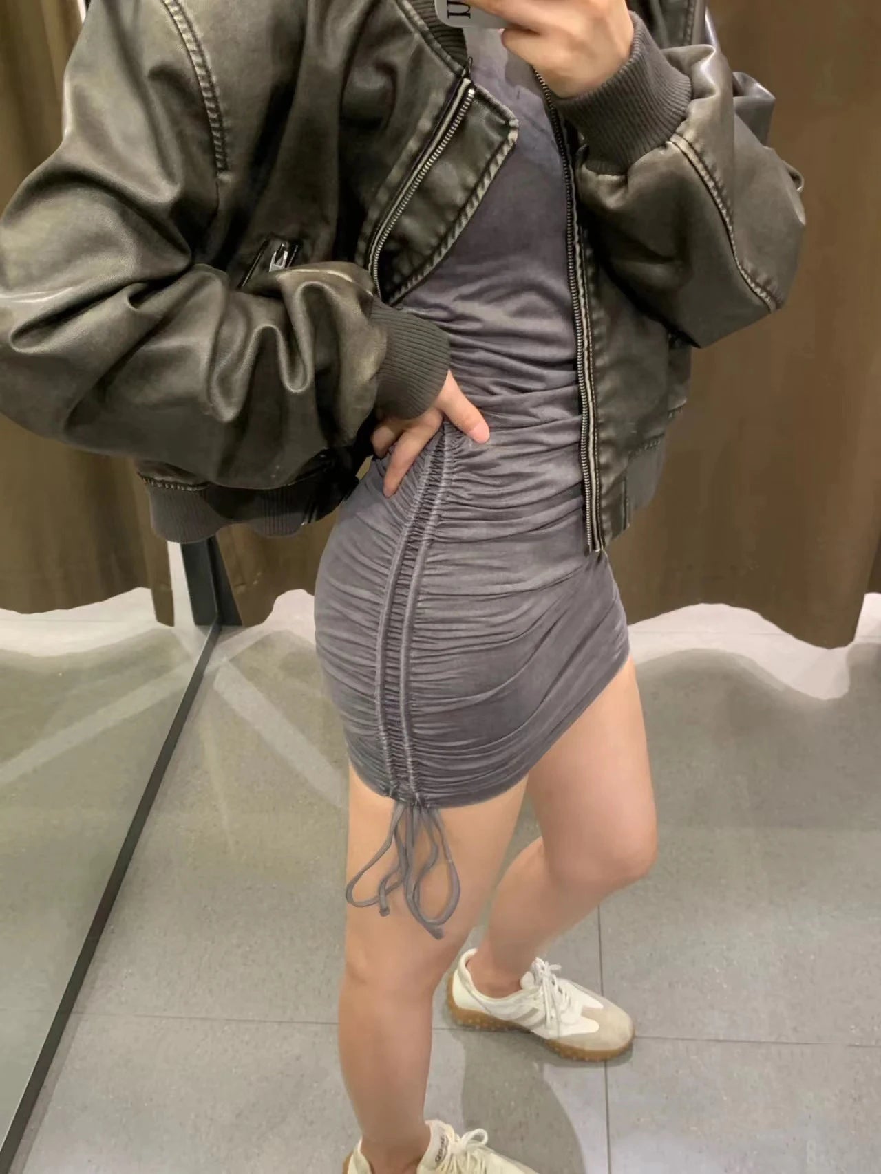 ZVRI Women's 2023 new vintage imitation leather bomber jacket coat top women's style