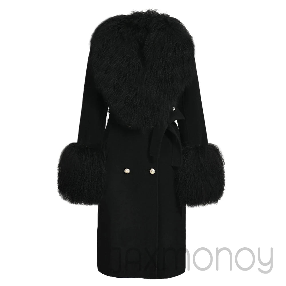 Women Cashmere Wool Coat With Real Mongolian Sheep Fur Collar  Ladies Autumn Winter Fashion Long Outwear Full Sleeve Fur Jacket