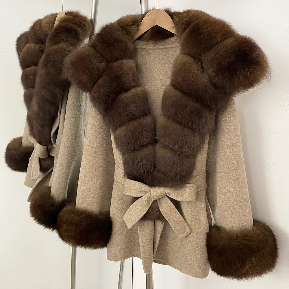 Wool Coat Women Woman New Fashion Winter Autumn Real Fur Jacket Luxury Real Fox Fur Coats Ladies Belt Design Woolen Outwear