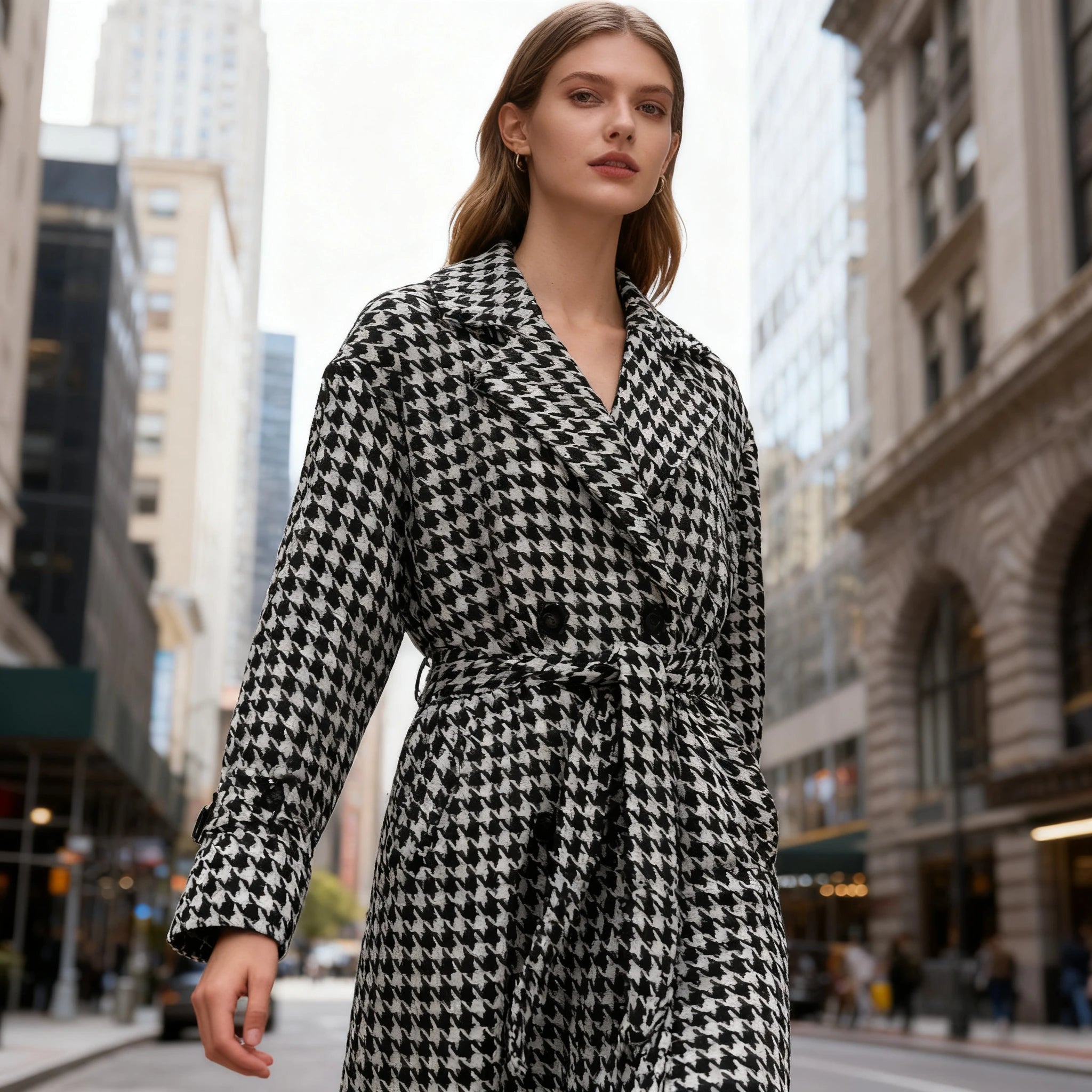 Long Coat Women Coats Work Turn Down Collar Houndstooth Thick Work Trench Streetwear Elegant Jackets Open Stith Autumn Winter