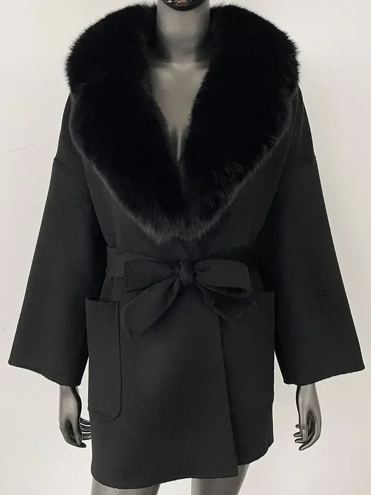 2025 Winter Fashion Women Double-sided Wool Cashmere Coat with Detachable Natural Fox Fur Collar Luxurious Genuine Fur Coat