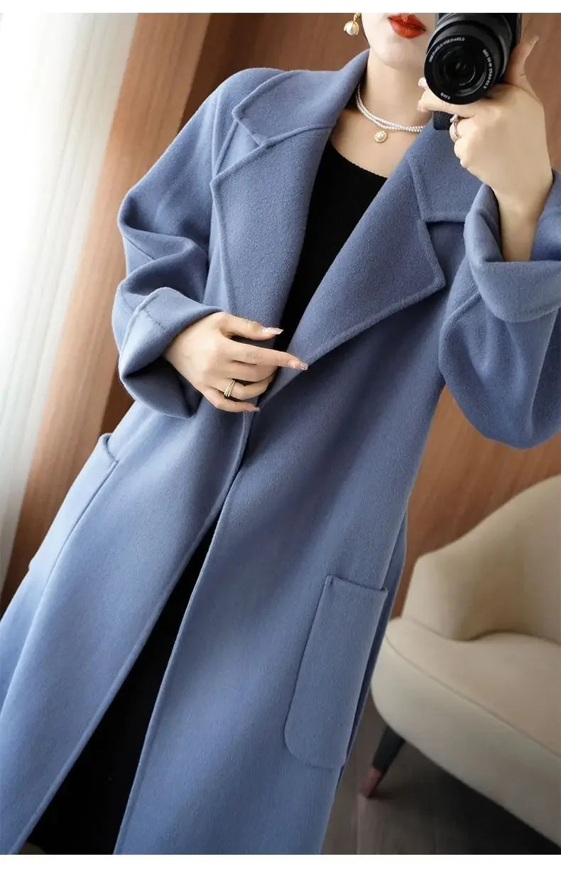 100% Wool Coat Women's Wear 2025 Autumn/Winter Fashion Temperament Double sided Cashmere Coats with Belt Elegant Long Overcoat