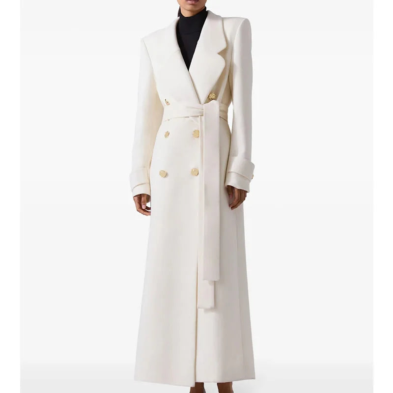 Winter Warm Women Woolen Coat Fashion White Turn-Down Collar Long Wool Coat With Belt