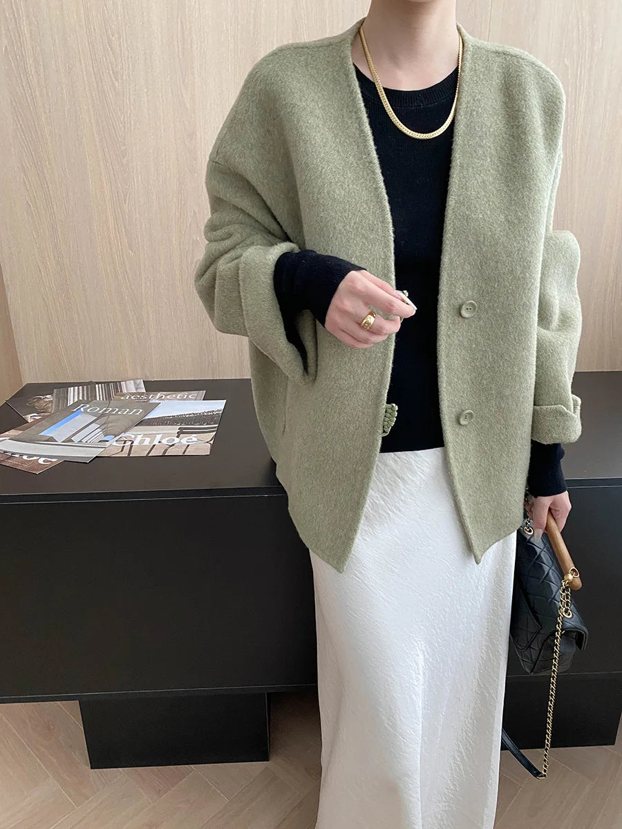 Winter women's casual solid color V-neck double-sided woolen coat jacket