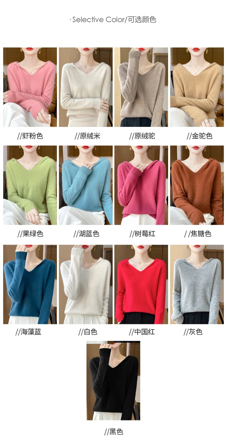 Women Autumn Winter Clothing Hooded Collar Pullover 100% Merino Wool Sweater New Fashion Cashmere Tops Bottoming Knitwear Soft