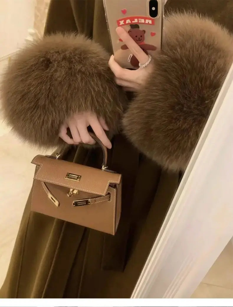 Women Autumn Winter Woolen Coat 2025 New High-End French Style Fur Sleeves Mid-Length Woolen Coat Women Long Coat Loose Outwear