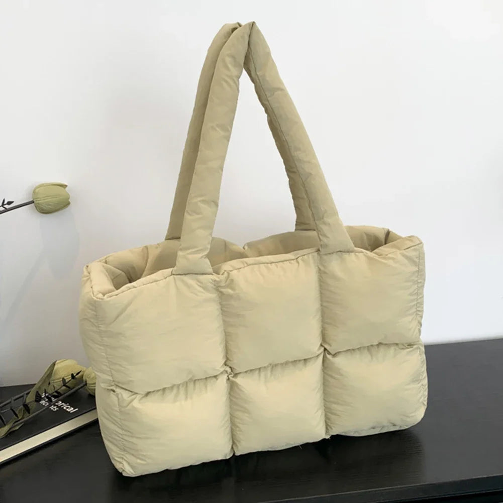 Women Padded Handbag Solid Color Quilted Single Shoulder Bag Large Capacity Soft Cloud Tote Bag Trendy Commuting Bags