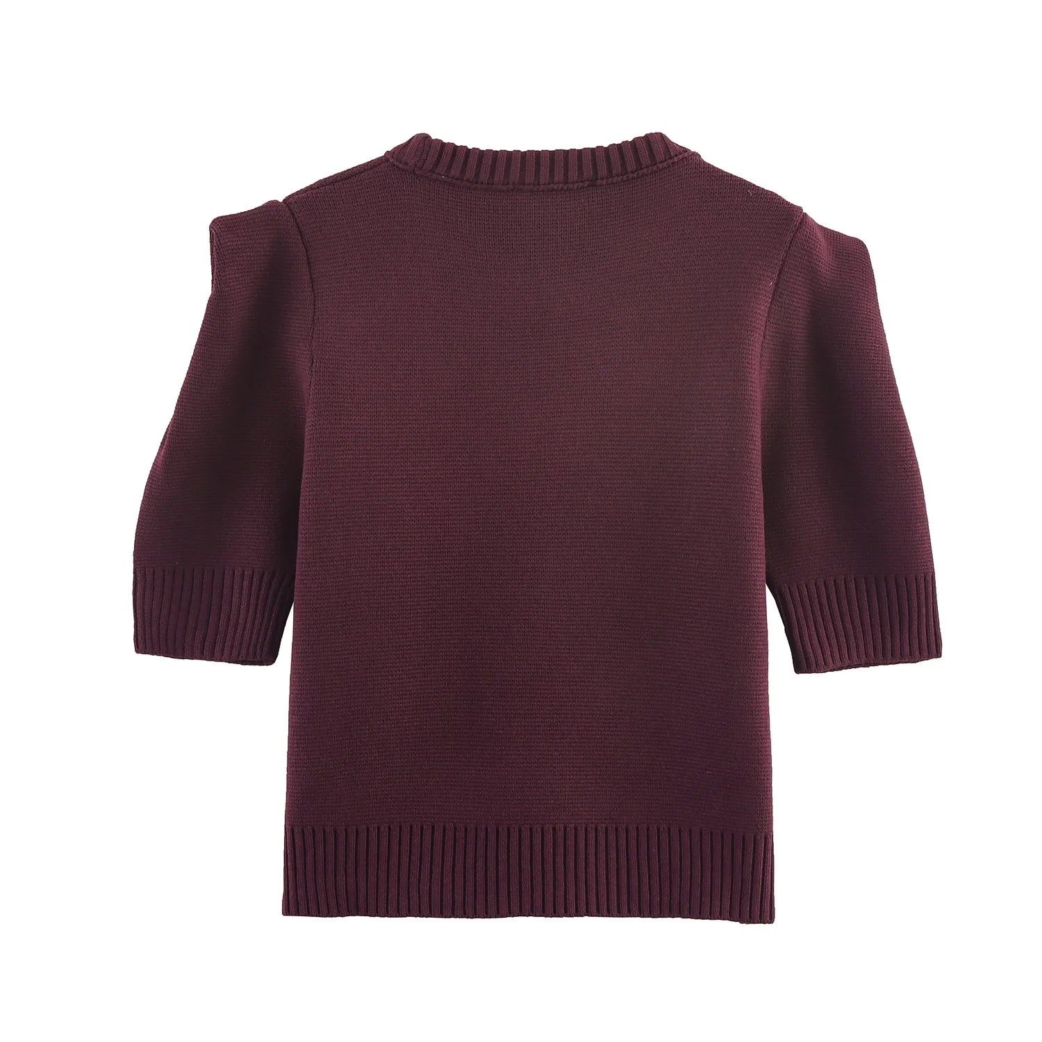 Woman's Knitted Pullover Round Neck Pleated Short Sleeve Slim Solid Color Cropped Sweater Simple Commuter Autumn Female Top
