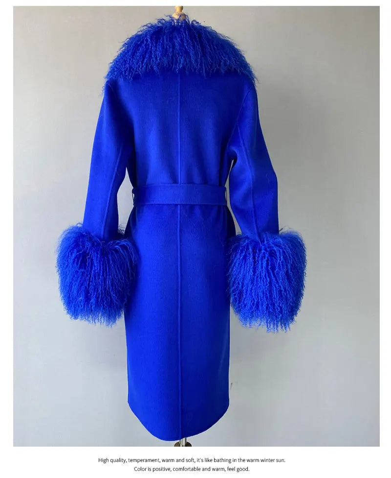 Women Cashmere Wool Coat With Real Mongolian Sheep Fur Collar  Ladies Autumn Winter Fashion Long Outwear Full Sleeve Fur Jacket
