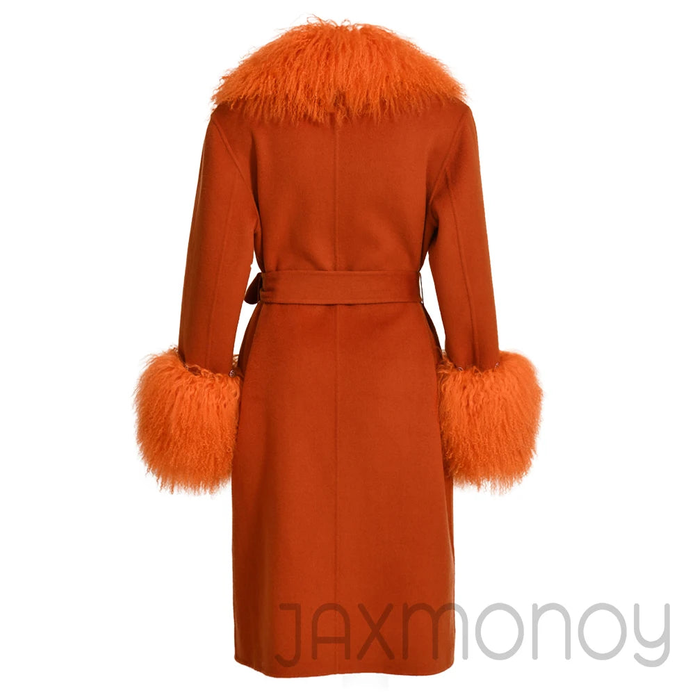 Women Cashmere Wool Coat With Real Mongolian Sheep Fur Collar  Ladies Autumn Winter Fashion Long Outwear Full Sleeve Fur Jacket