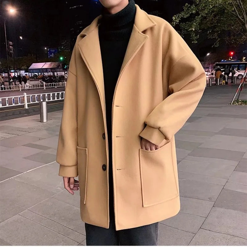 Woolen coat men's autumn and winter lamb wool thick solid color versatile suit collar jacket trendy couple mid length windbreake