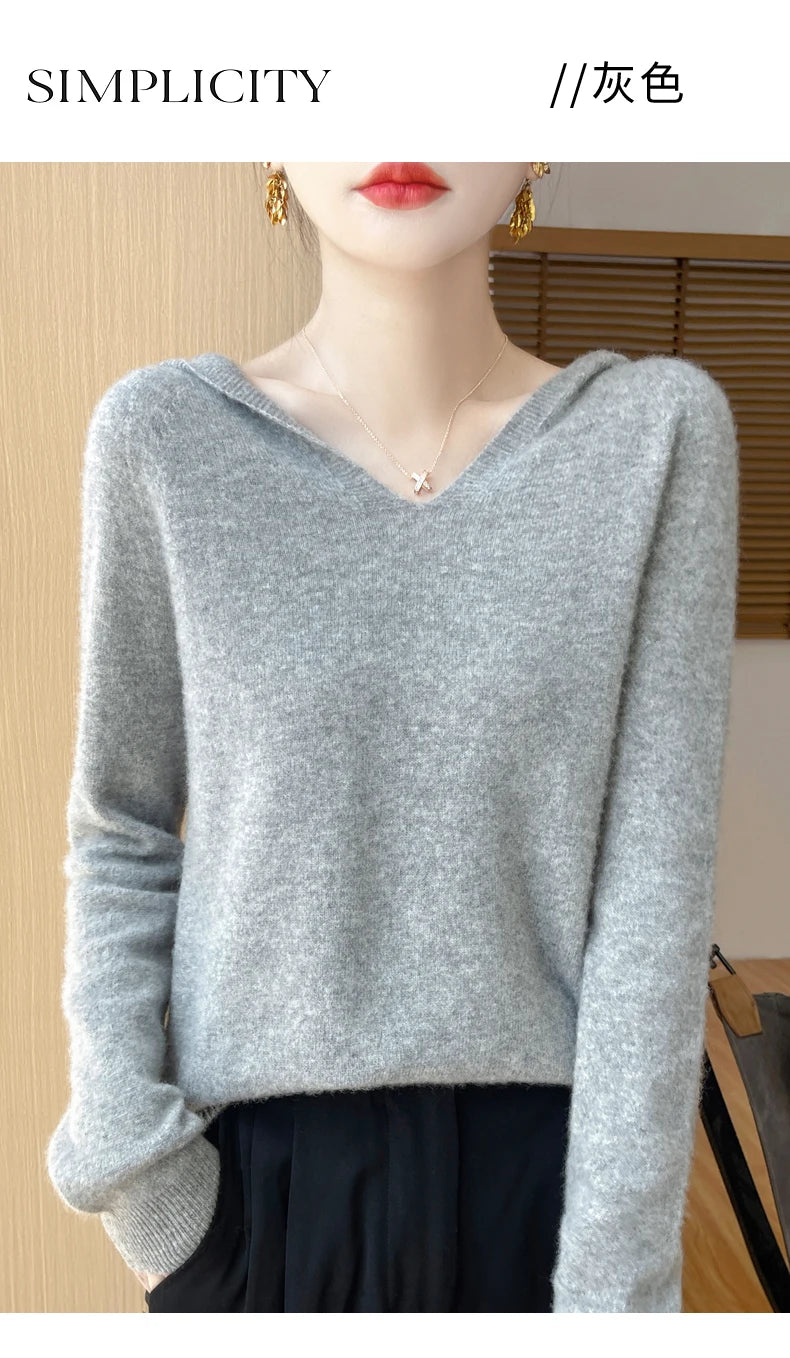 Women Autumn Winter Clothing Hooded Collar Pullover 100% Merino Wool Sweater New Fashion Cashmere Tops Bottoming Knitwear Soft