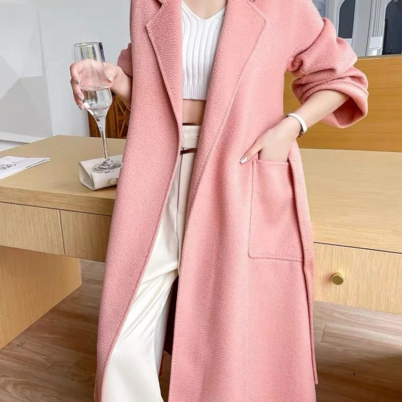 2023 New Reversible Cashmere Coat Women Long Below The Knee High-End Water Ripple Wool Coat Autumn Winter Loose Lace-up Outwear