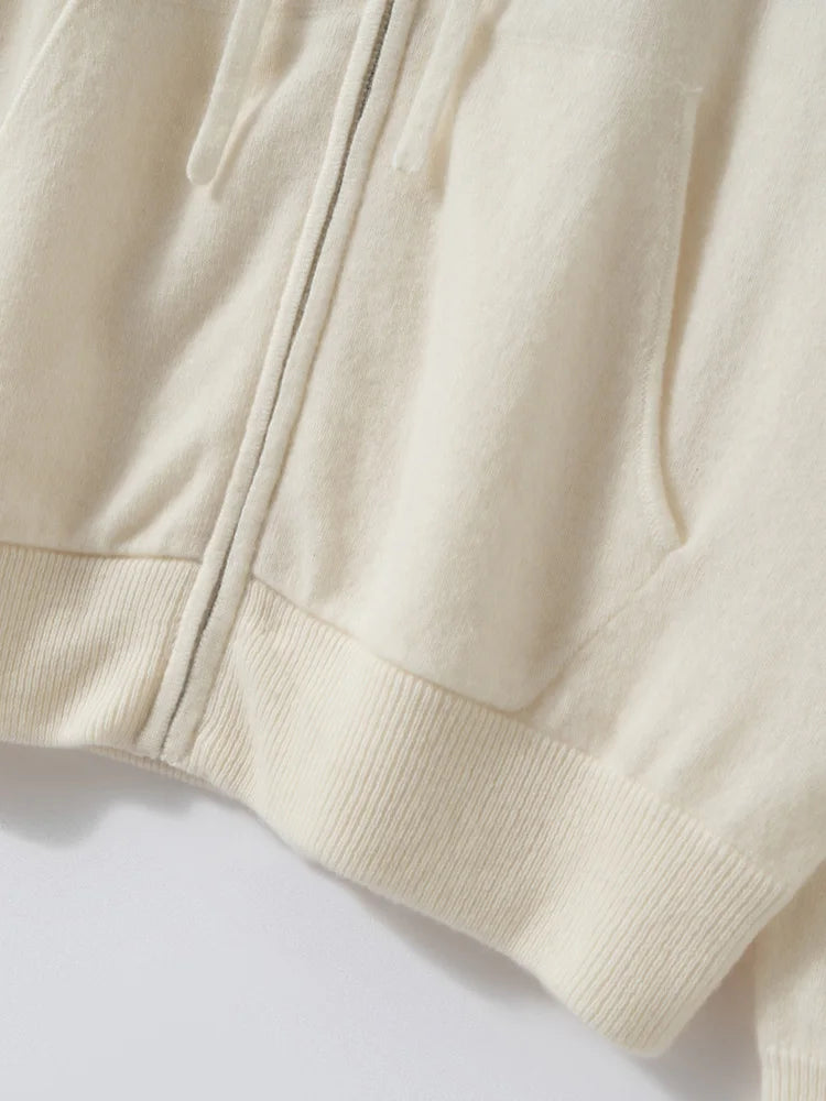 New Women 100% Cashmere Sweater Hooded Zipper Cardigan Cashmere  Autumn Winter Soft Long Sleeve Casual Simple Style Clothing Top