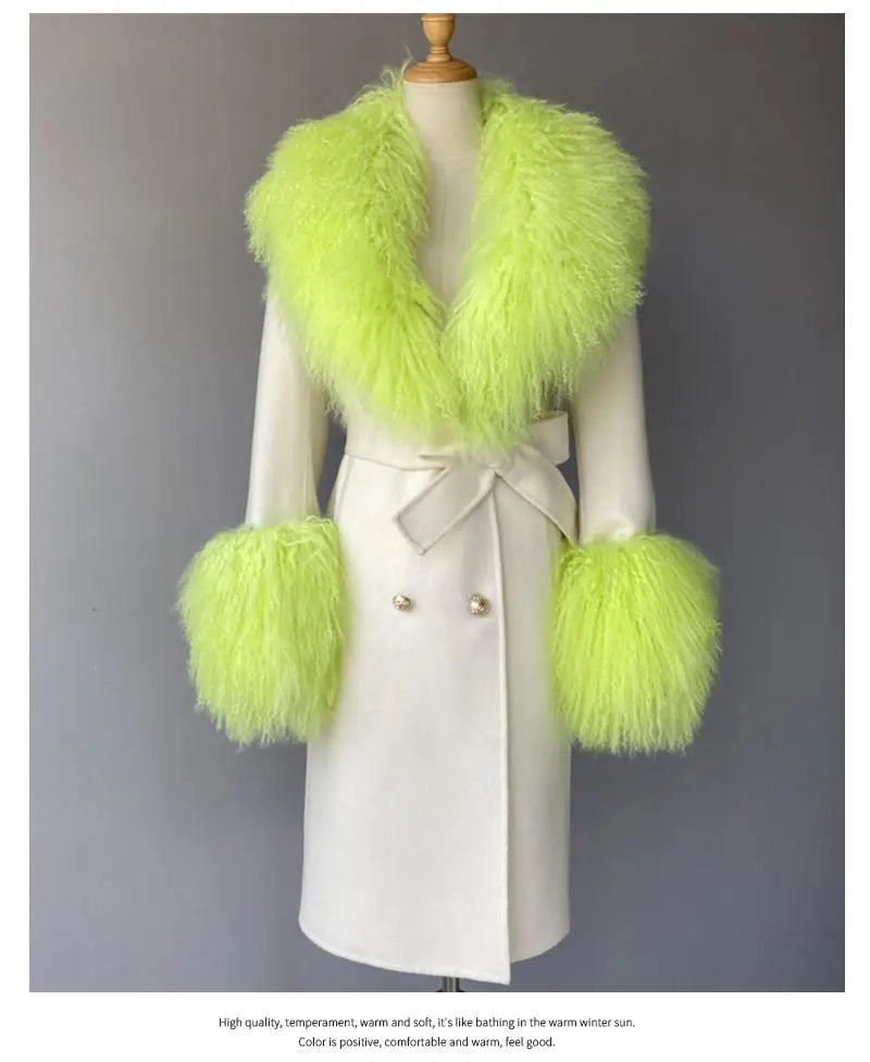 Women Cashmere Wool Coat With Real Mongolian Sheep Fur Collar  Ladies Autumn Winter Fashion Long Outwear Full Sleeve Fur Jacket