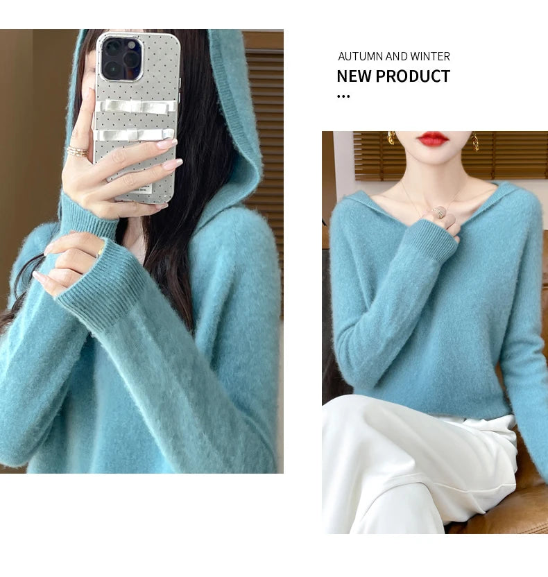 Women Autumn Winter Clothing Hooded Collar Pullover 100% Merino Wool Sweater New Fashion Cashmere Tops Bottoming Knitwear Soft