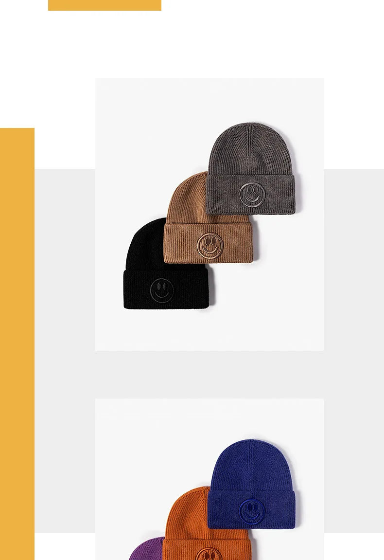 Wool hat female Korean versioncartoonsmiley face embroidered knittedautumn andwintermen'soutdoorwarm thickened brimless cold hat