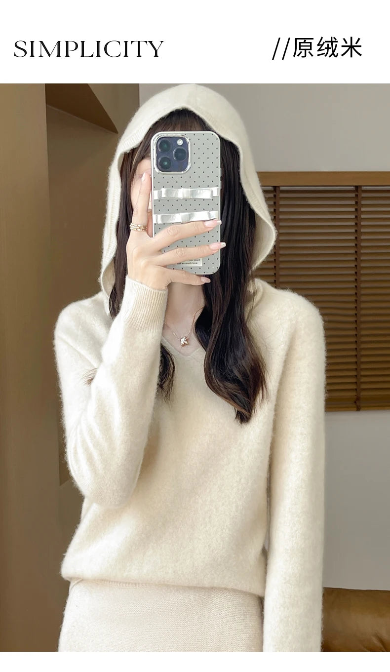 Women Autumn Winter Clothing Hooded Collar Pullover 100% Merino Wool Sweater New Fashion Cashmere Tops Bottoming Knitwear Soft