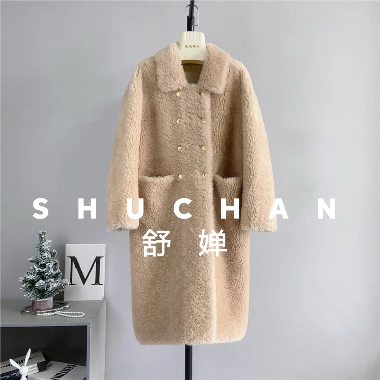 100% Wool Coat Women New Warm Sheep Shearing Long Solid Color Long Coat Lamb Wool casacos femininos inverno 2025