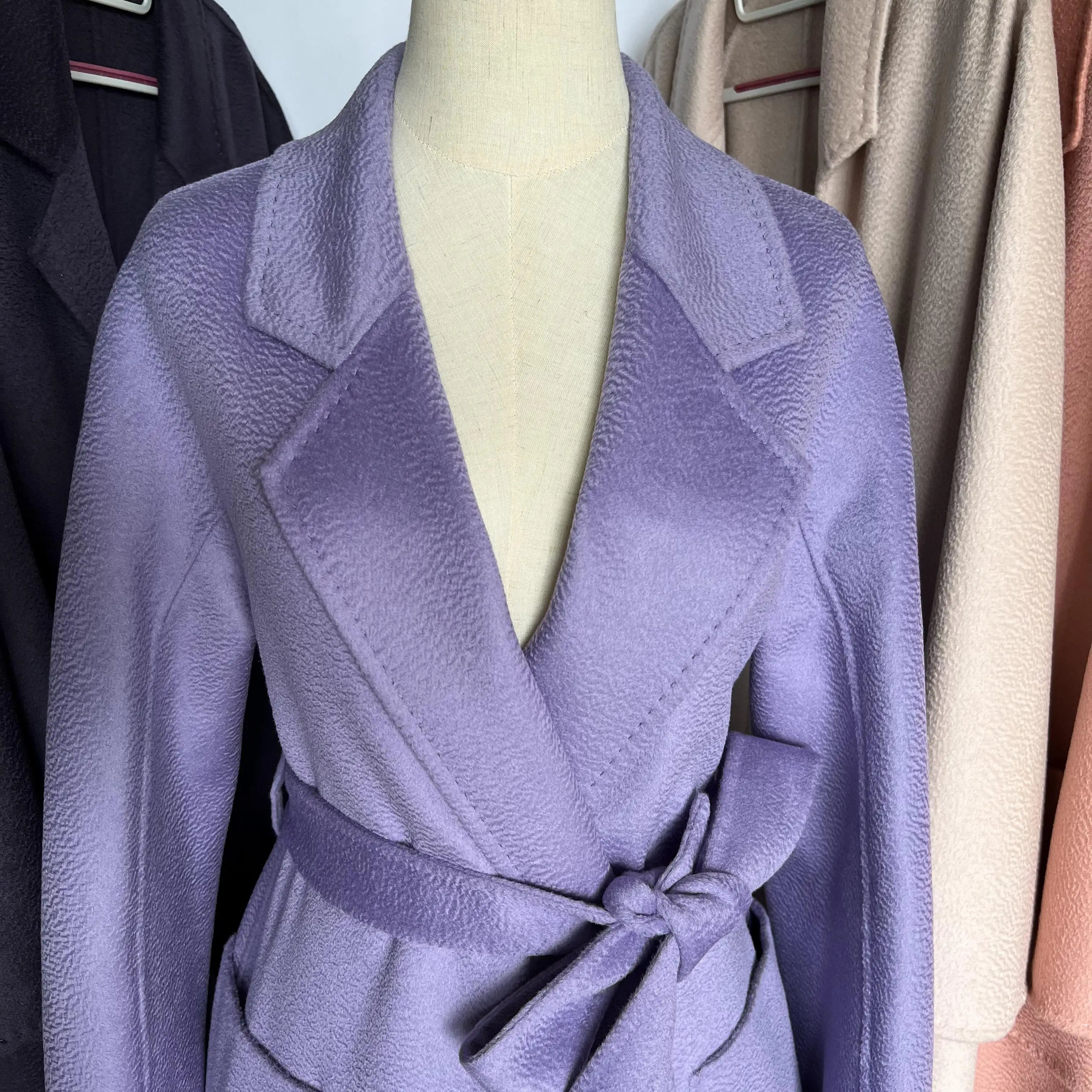 Cashmere Coat Female Winter Mid-Length Corrugated Coat Black Wool Coat Woman Autumn New Casual Fashion Red Beige Lace-Up Coat