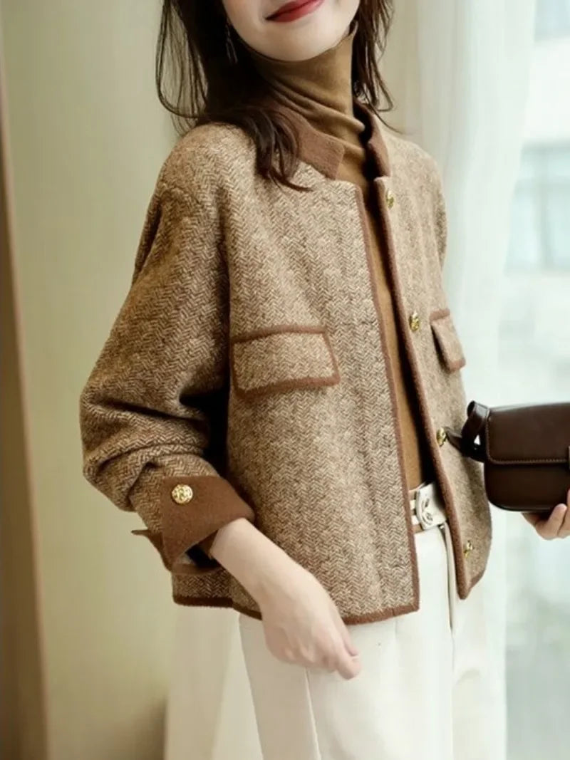 Knitting Wool Blend Coat for Women New In Round Neck Mixtures Jacket Woman Fashion 2025 High Quality Medium Elegant Hot Autumn