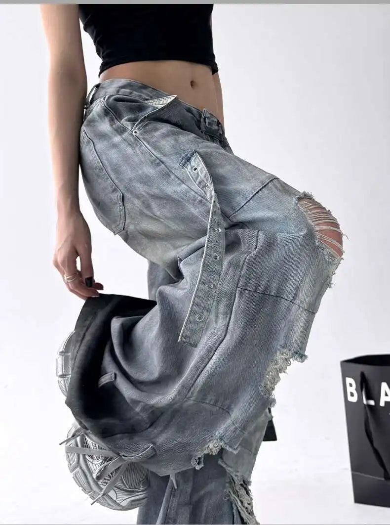 Women Jeans Pants American High Street Ripped Straight Wide-Leg Jeans For Women Design Tie-Dye Jazz Dance Cargo Full Thin Jeans