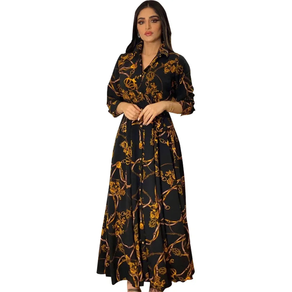 Women's Fashion  New Sexy Elegant Dress Temperament Digital Printing  Long Shirt Dress Women's Elegant Commuter Casual Dress