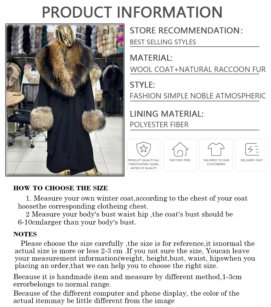Cashmere Wool Coat For Women Raccoon Fur Coat Long Cashmere Fur Jacket With Real fur Collar Cuffs  Black Genuine Woolen Coats
