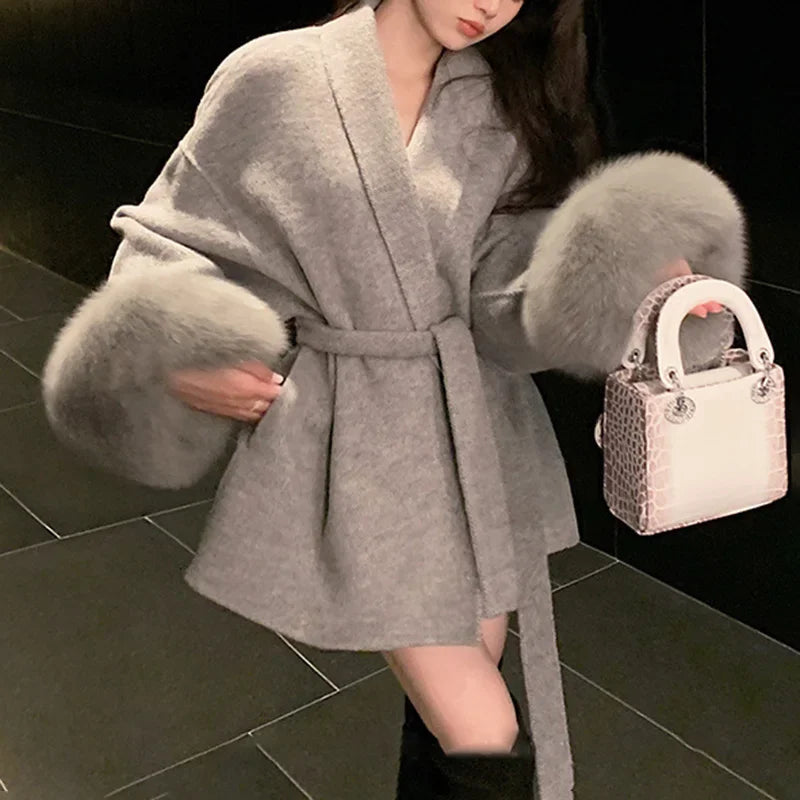 Tossy Fox Fur Wool Overcoat Women's Short Coat Office Lady Elegant Double-sided Woolen Coat 2025 New Cardigan Jackets Loose Wool