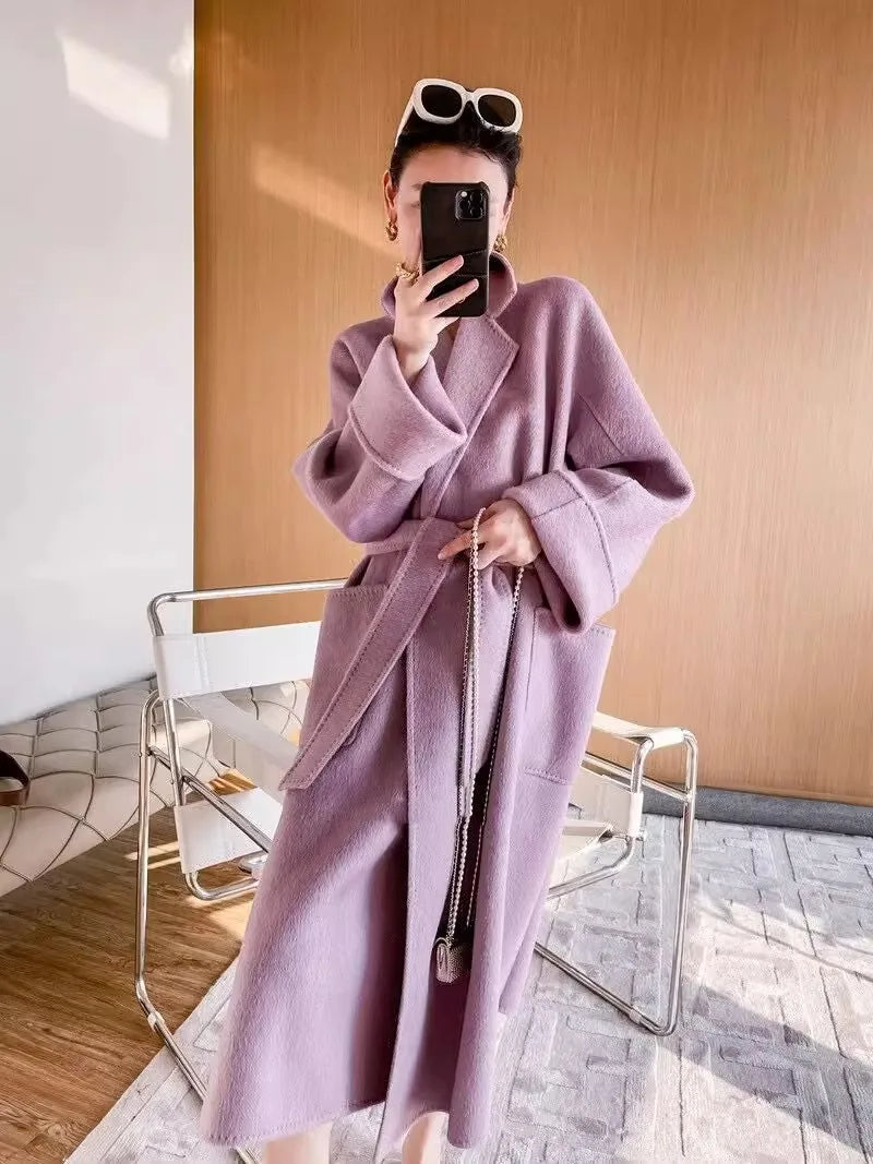 Purple Double-Sided Cashmere Coat For Women In Autumn And Winter, Fashionable And High-End, Loose And Medium Length Coat