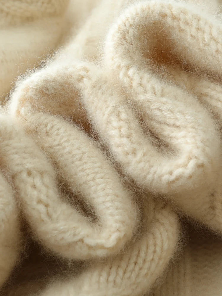 Women 100% Cashmere Sweater Mock Neck Pullover Cable Knitting Vintage Loose Style Thickened Cashmere Knitwear Autumn Winter Tops