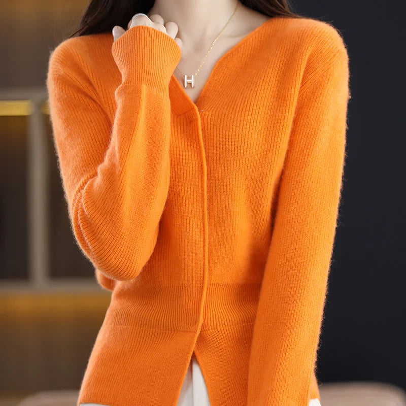 Cashmere Sweater Women's Cardigan Scissors Collar Hidden Buckle Pure Wool Sweater Autumn and Winter Coat Waist Slim Commute Top