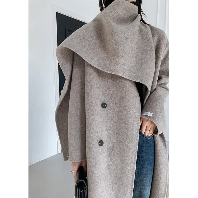 New Hand-sewn Cashmere Wool Coat Women New Mid-length Big Scarf Collar Loose Lace-up Warm Double-sided Wool Coat Fashion Winter