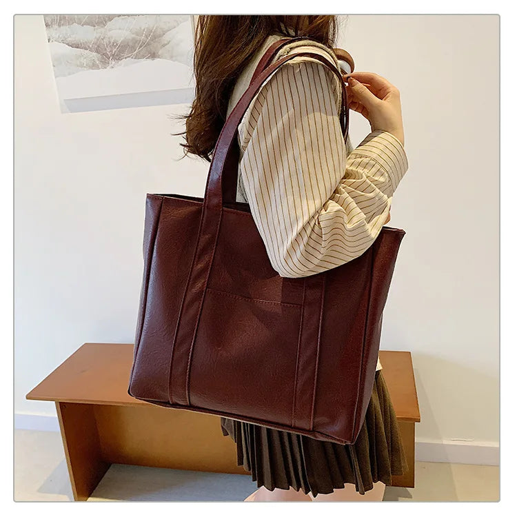 Simple Large Capacity Tote Bags for Women Retro Pu Leather Ladies Shoulder Bag Commuter Portable Girls Student Underarm Handbag
