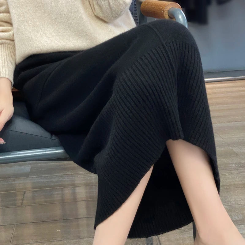 Women's Knitted Cashmere Skirt Double Pocket 100% Pure Wool Commuter Joker Straight Skirt for Autumn Winter New