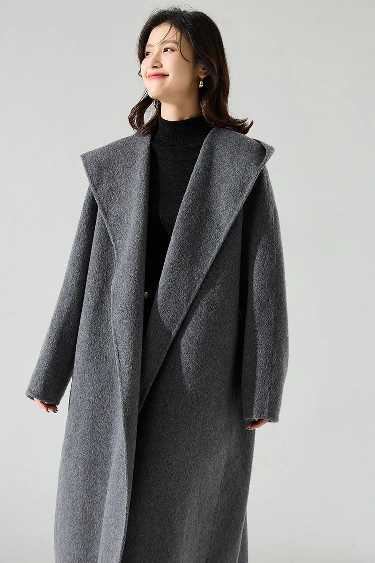 Office Lady Cashmere Woolen Jackets 2024 Autumn And Winter High-Grade Hooded Bathrobe Style Loose Lace-Up Long Women Wool Coats