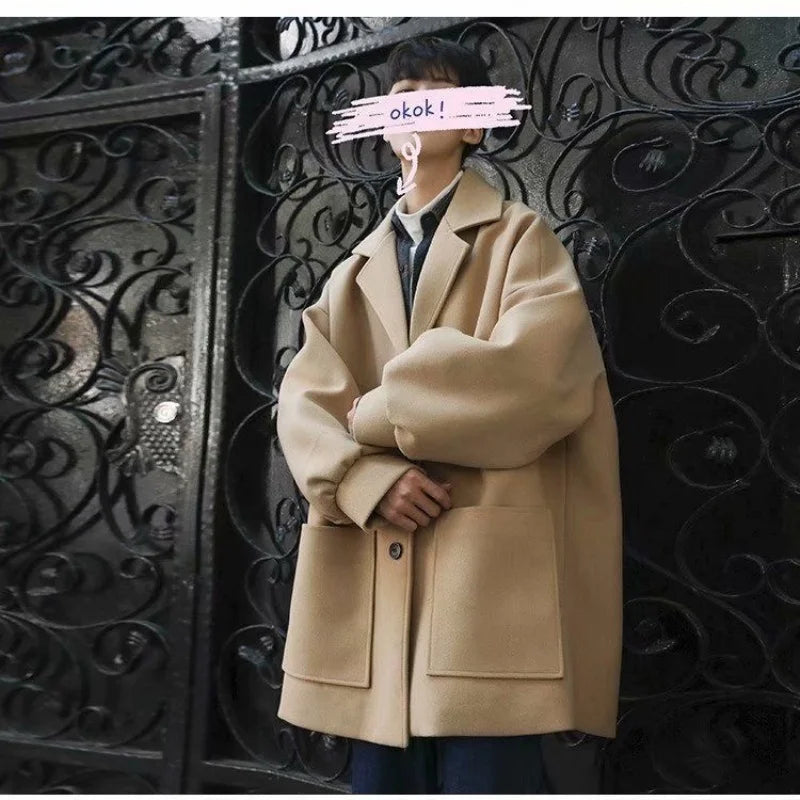 Woolen coat men's autumn and winter lamb wool thick solid color versatile suit collar jacket trendy couple mid length windbreake