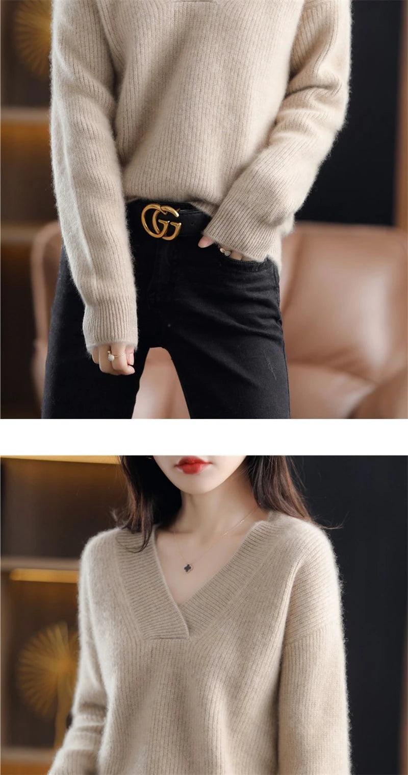 Cashmere Sweater Women's 100% Wool Sweater Fashion V-neck Knitted Pullover 2024 Winter and Autumn New Loose Solid Soft Sweater