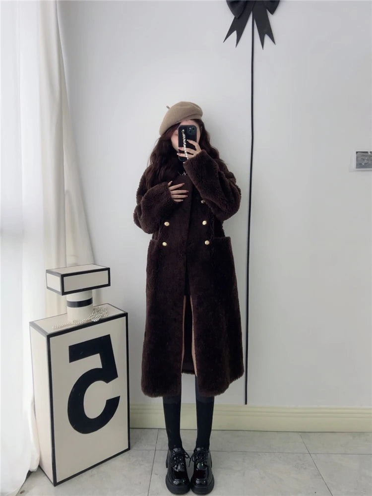 100% Wool Coat Women New Warm Sheep Shearing Long Solid Color Long Coat Lamb Wool casacos femininos inverno 2025