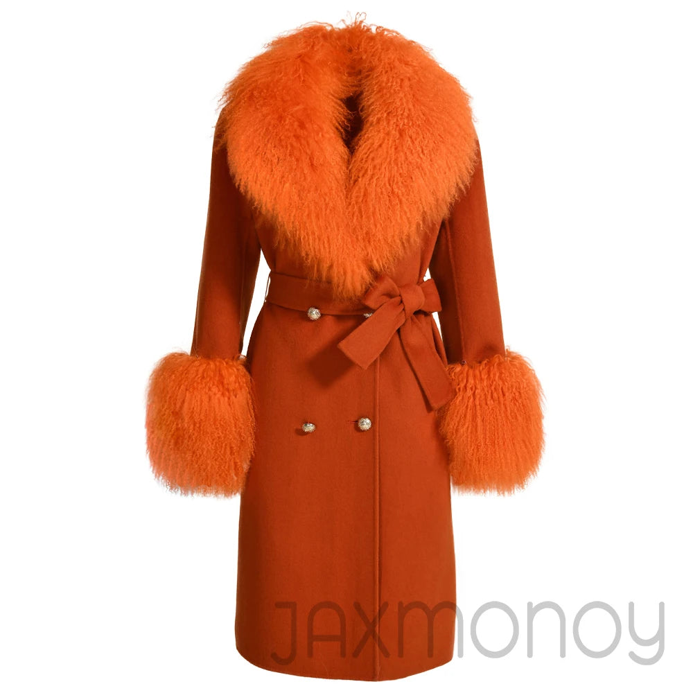 Women Cashmere Wool Coat With Real Mongolian Sheep Fur Collar  Ladies Autumn Winter Fashion Long Outwear Full Sleeve Fur Jacket