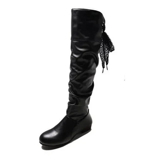 Shoes For Women 2022 Spring Knee High Boots Red Black White Tall Boots Woman Pleated Low Heel Casual Leather Female Long Shoes