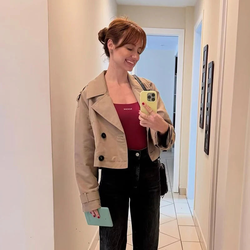 Women's Fashion Double Breasted Short Trench Coat Turn-down Collar Long Sleeve Coats Vintage Female Outerwear Chic Tops